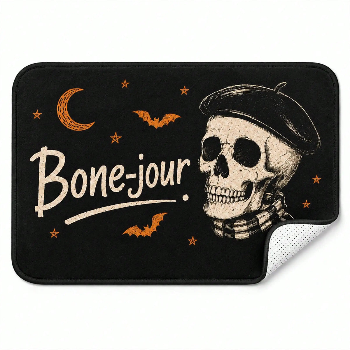 Flannel Halloween Doormat, Non‑Slip Absorbent Entryway Rug, Funny Skeleton Skull Gothic and Bat Floor Mat, Spooky Fall Outdoor Decor