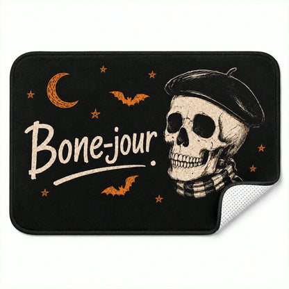 Flannel Halloween Doormat, Non‑Slip Absorbent Entryway Rug, Funny Skeleton Skull Gothic and Bat Floor Mat, Spooky Fall Outdoor Decor