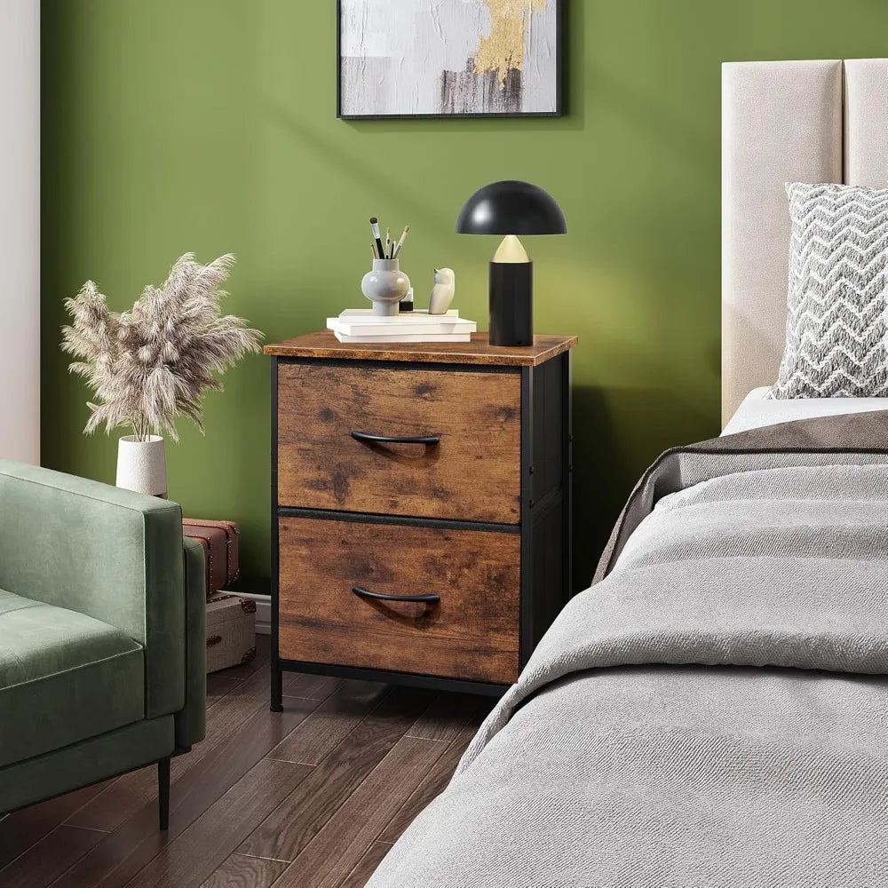Compact Two Drawer Nightstand with Fabric Bins Wooden Top