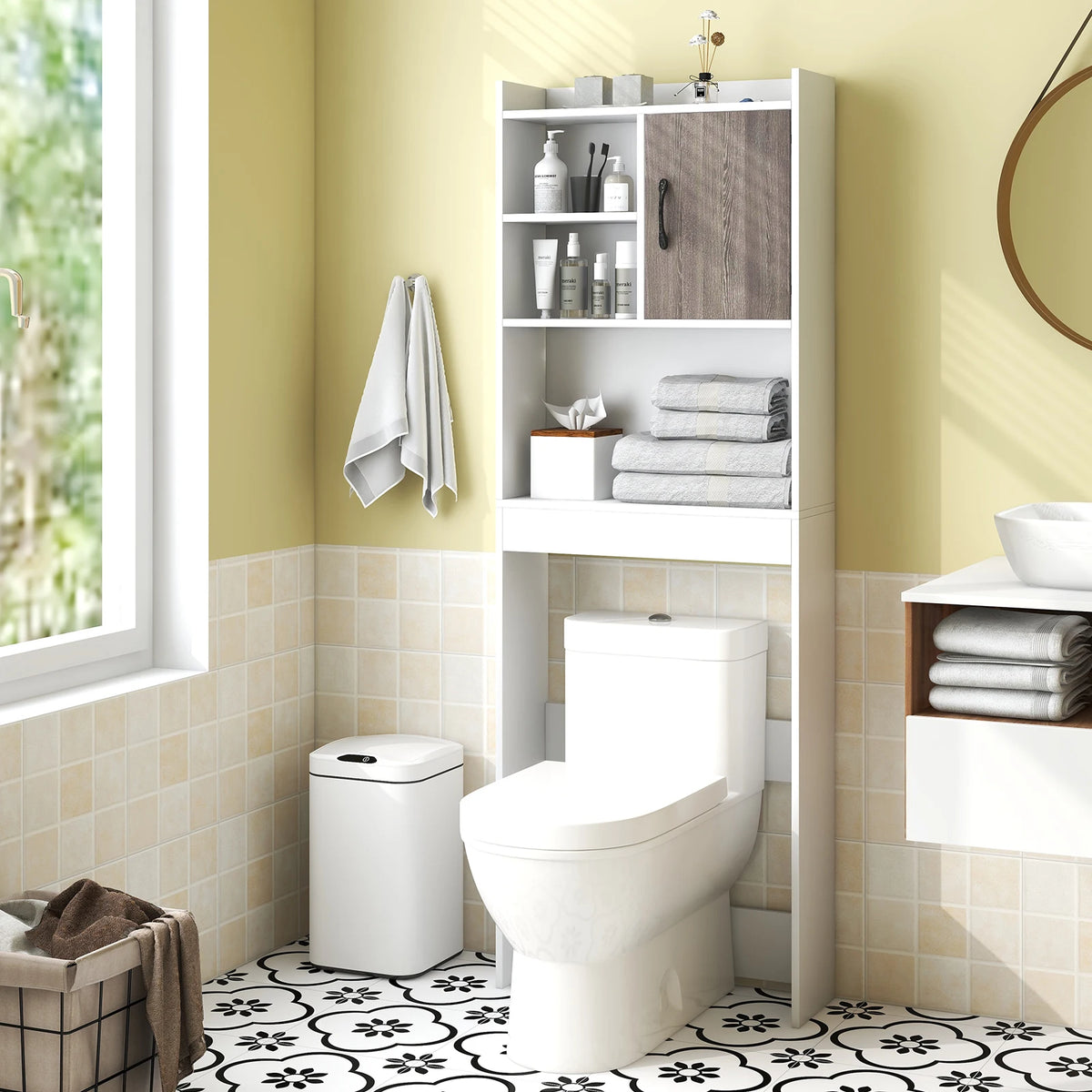 Over The Toilet Storage Cabinet, Bathroom Space Saver w/ Open Shelves & Door
