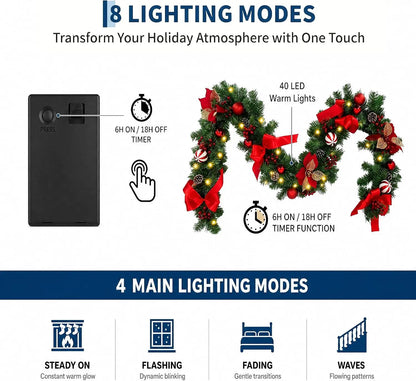 9 ft Christmas Garland with 40 LED Lights, 8 Lighting Modes and Timer, Garland Wreaths Decoration Outdoor Yard Pine Tree Rattan Hanging Ornament