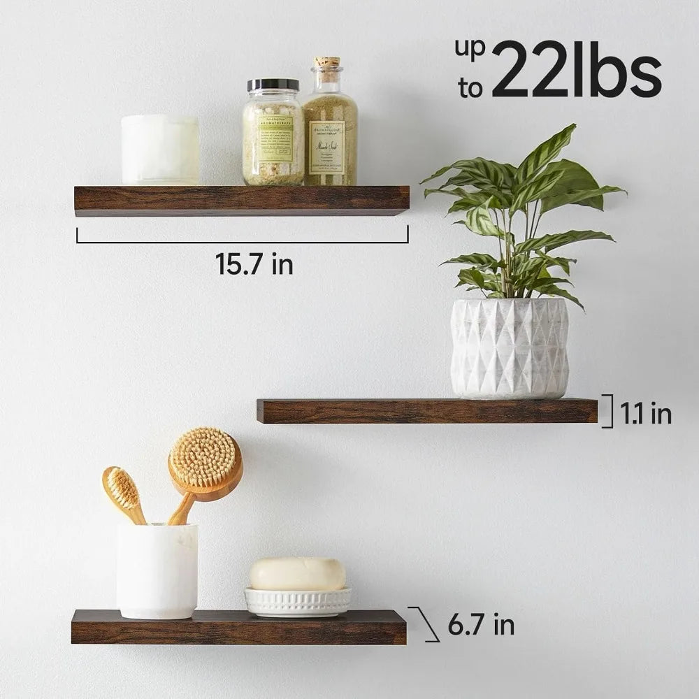 Set of 3 Rustic Brown Floating Shelves for Wall - Farmhouse Wood Storage