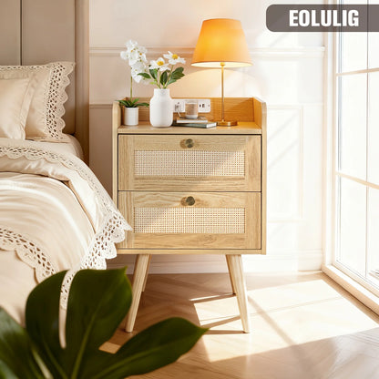 Set of 2 Nightstands with Charging Station, Modern Rattan, Solid Wood Legs