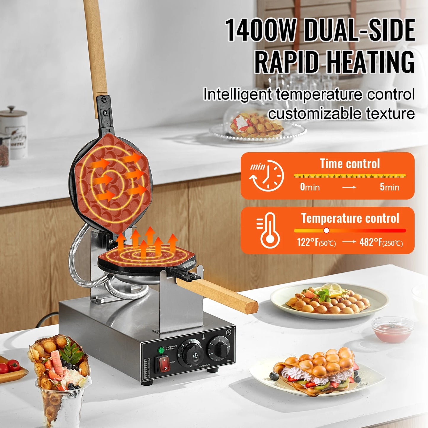 Commercial Egg Bubble Waffle Maker -1400W Non-Stick Stainless Steel w/180° Rotatable Device, 2 Pans & Wooden Handles