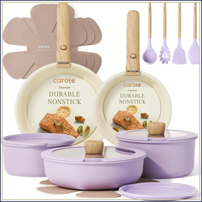 19-Piece Nonstick Cookware Set with Detachable Handles, Space-Saving, Oven & Fridge Safe