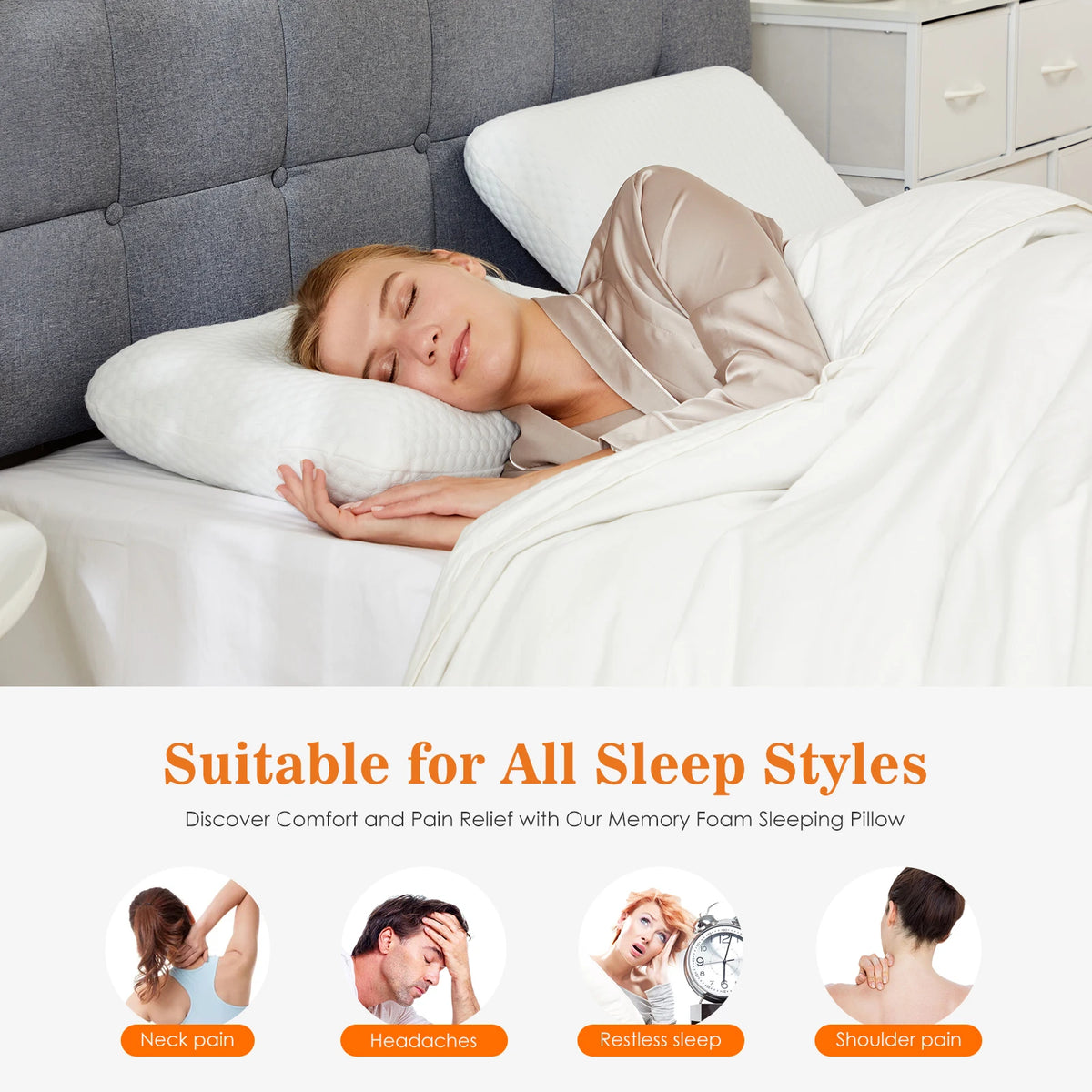 2-pieces Memory Foam Pillows, Standard Size Neck Pillow, Ventilated Cooling Bed Pillow with Removable Washable Cover ,