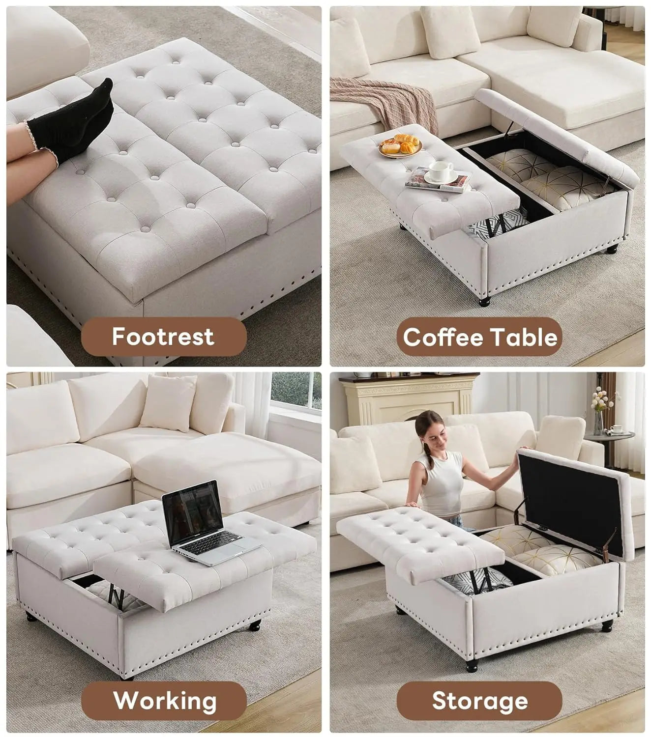 Large Square Storage Ottoman Bench, or coffee Table with Lift Top & Solid Wood Legs