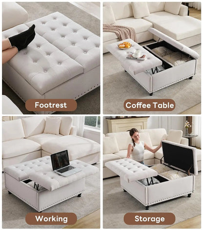 Large Square Storage Ottoman Bench, or coffee Table with Lift Top & Solid Wood Legs