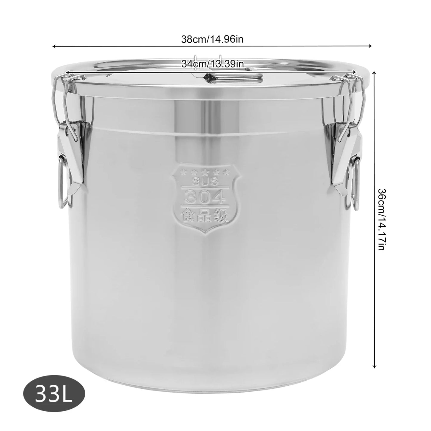 12/33L Airtight Canister 304 Stainless Steel, 3.2Gal Canisters Container w/Lids and Sturdy Locking Clamp