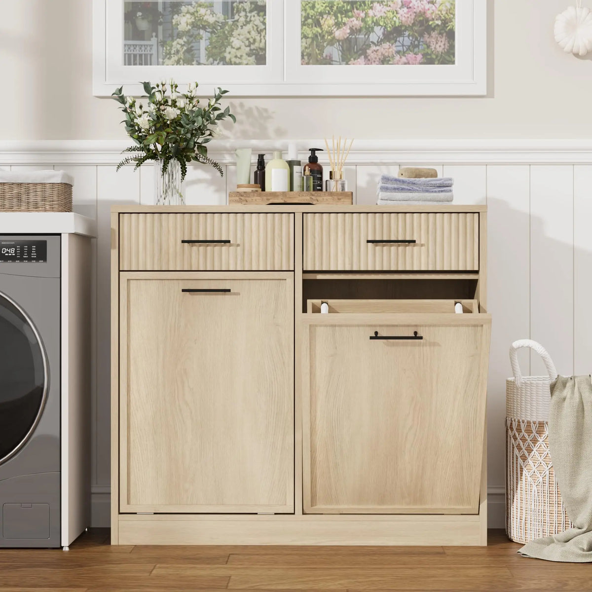Tilt Out Laundry Hamper Cabinet With Drawer And Baskets, Wooden Laundry Basket For Bathroom ojr Bedroom