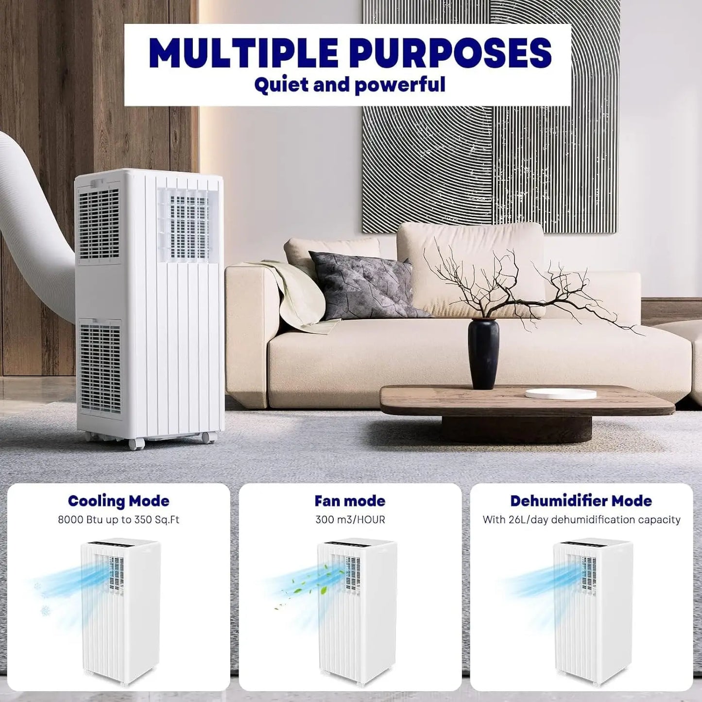8,000 BTU Portable Air Conditioner, 3-in-1 Unit with Cooling, Dehumidifier & Fan, Remote Control