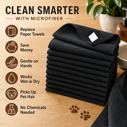 Heavy Duty Microfiber Cleaning Towels, 10 Pack, 25x25cm, Ultra Soft & Highly Absorbent, Dry & Wet Use, Streak-Free Cleaning