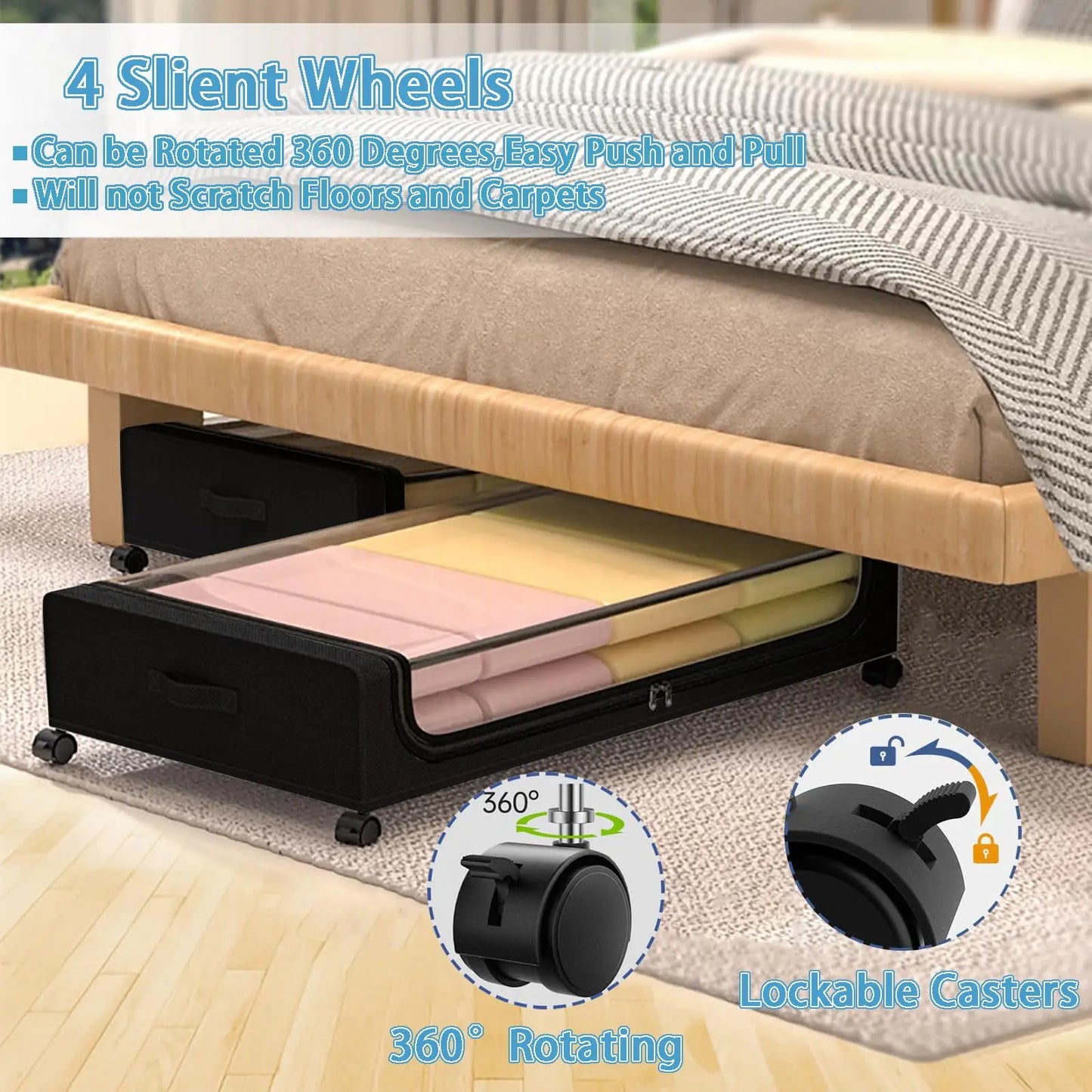 Under Bed Storage With Wheels, 2-Pack 48L Each With Clear Lids & Label,