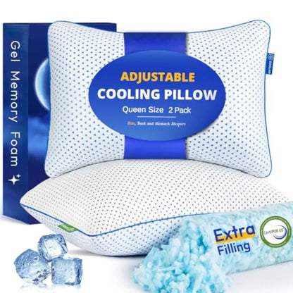 Cooling Gel Memory Foam Pillows, Queen Size Set of 2, Bamboo Rayon
