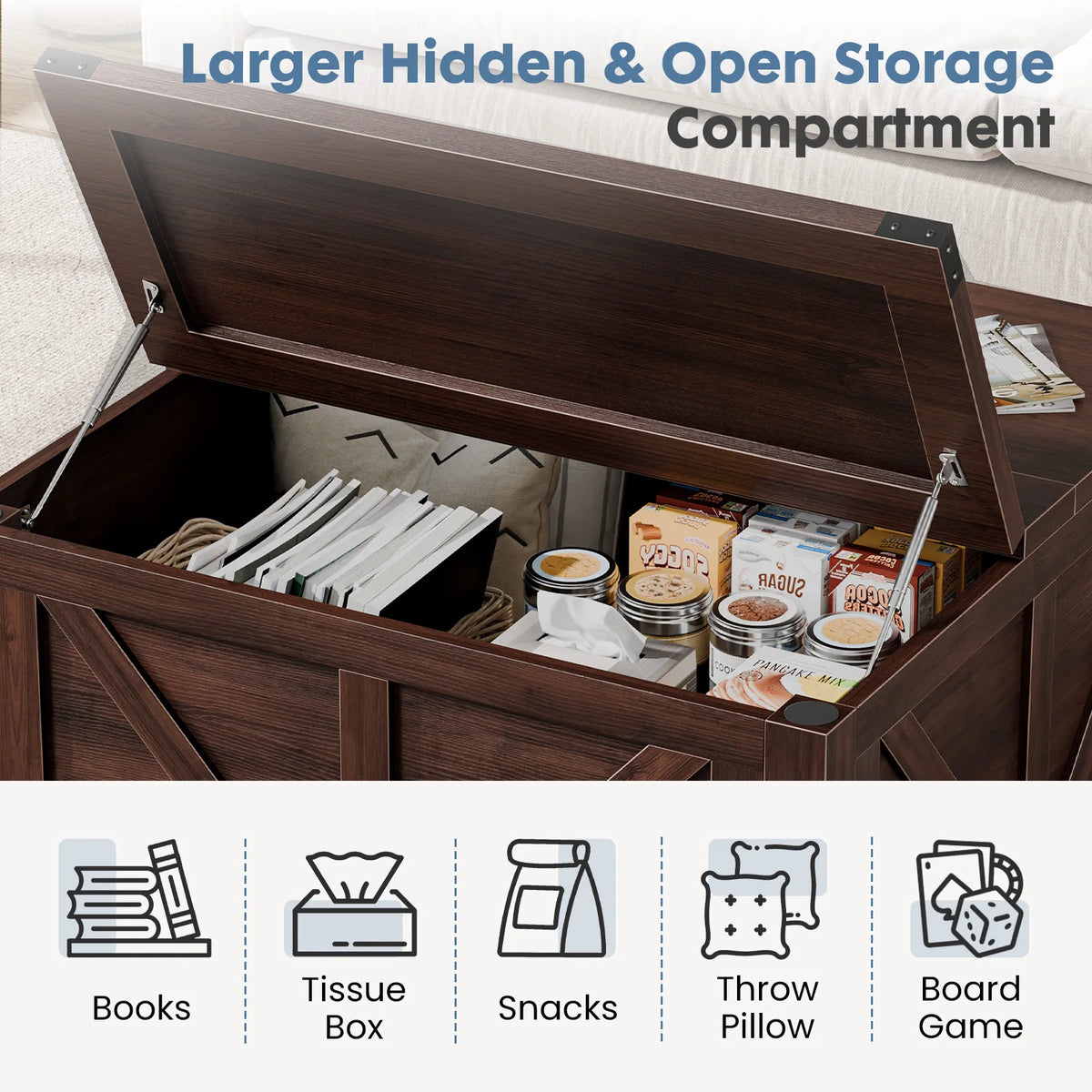 35.6IN Lift Top Coffee Table with Charging Station and Storage Shelf, Easy Lift Or Lower, Square Wood Table, Hidden Storage for Living Room