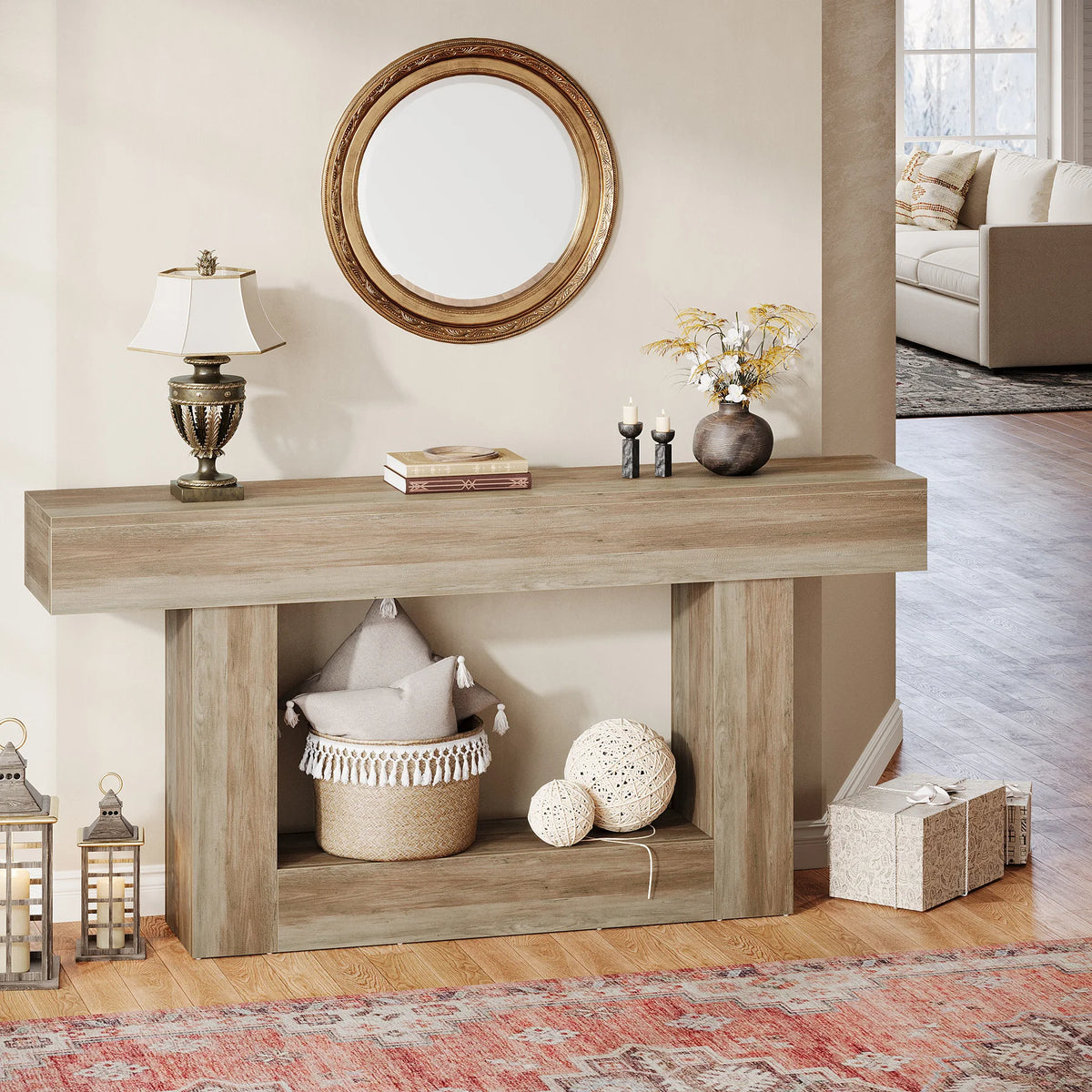 63" Console Table, Farmhouse 2-Tier Entryway Table with U-Shaped Base, Narrow Long Wood Sofa Table, Behind Couch Table