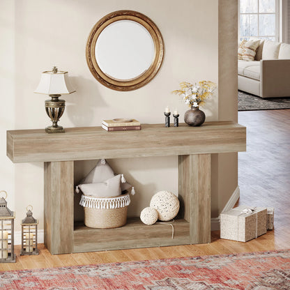 63" Console Table, Farmhouse 2-Tier Entryway Table with U-Shaped Base, Narrow Long Wood Sofa Table, Behind Couch Table