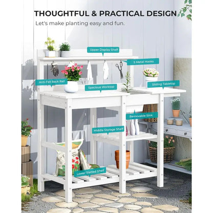 Portable Outdoor Garden Workbench with Detachable Sink, Weather-Resistant HDPE Table- White