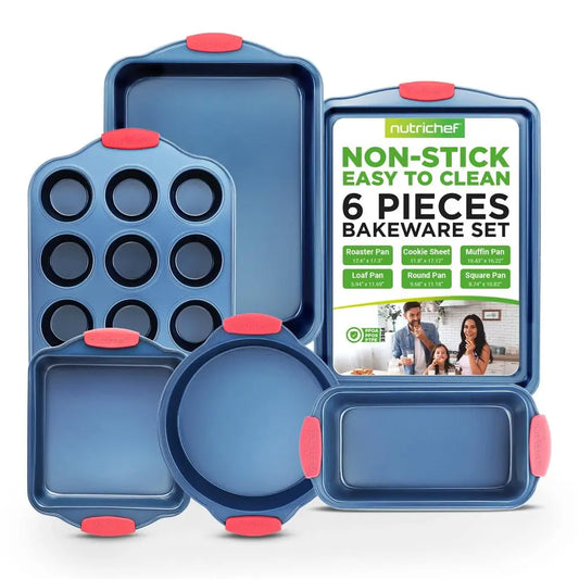 6Piece Nonstick Bakeware Set, Carbon Steel Baking Pans with Red Silicone Handles, Blue Coating