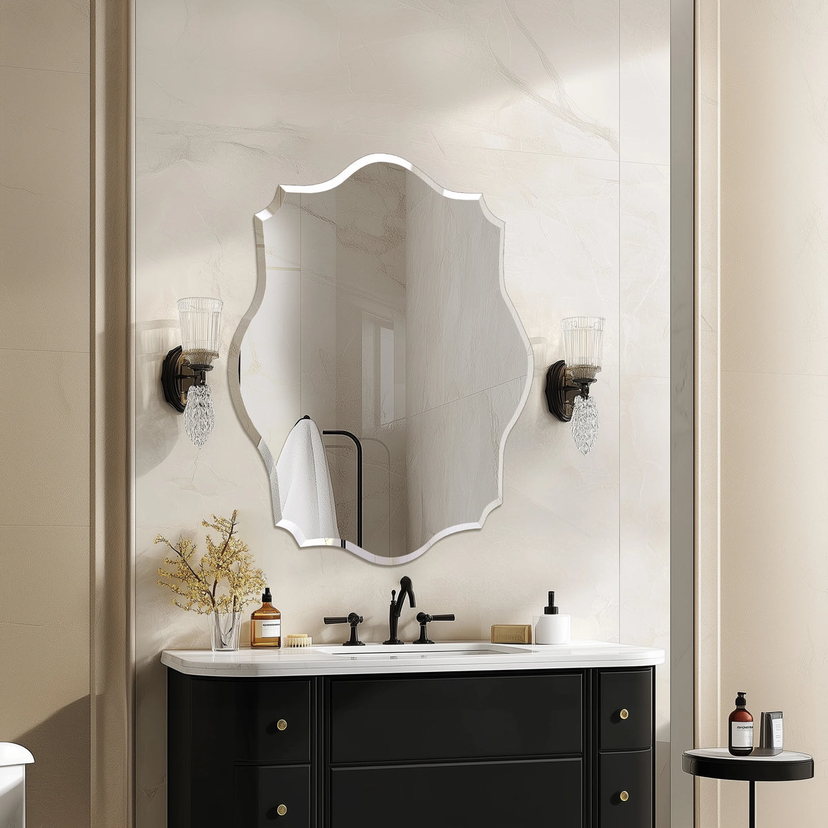 Wall Mirror, Scalloped Frameless Beveled Edge, Polished for Bathroom, Living Room, Vanity, Bedroom, Slive