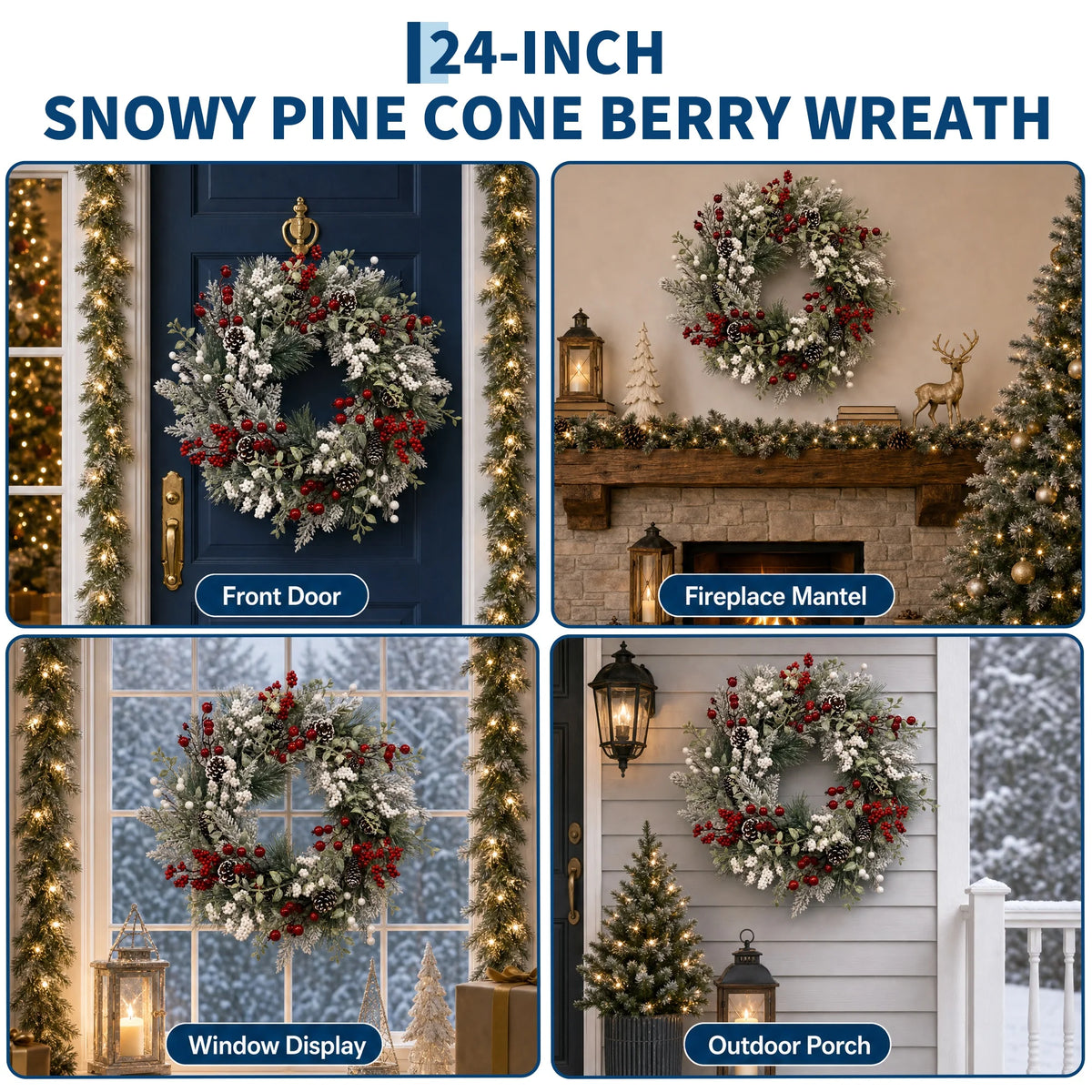 24 inch Pre-Lit Christmas Wreath with 20 LED Lights, 8-Mode Timer, Snowy Pinecone Berry Holiday Wreath for Front Door, Indoor Outdoor Decor
