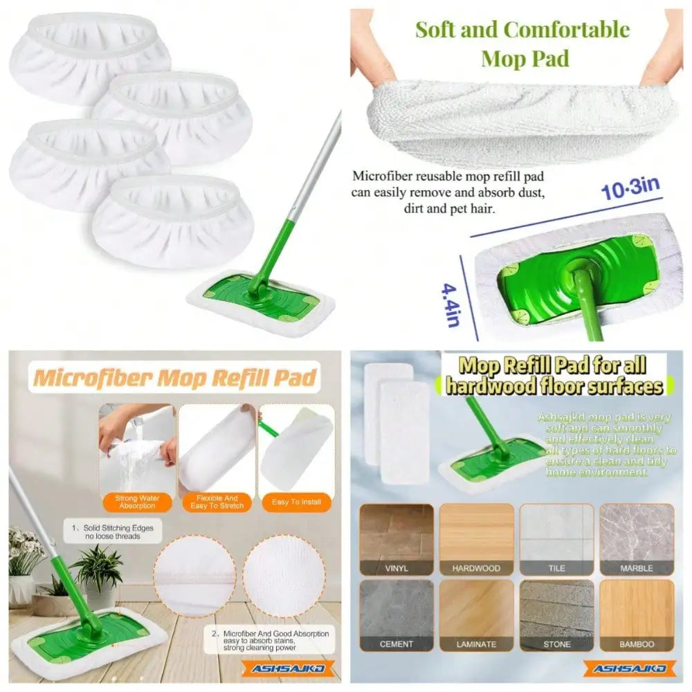 Reusable Microfiber Mop Refill Pads, 4 Pack Washable Strong Absorption For Dry And Wet Mopping, Fits 10-12 Inch Sweeper Mops