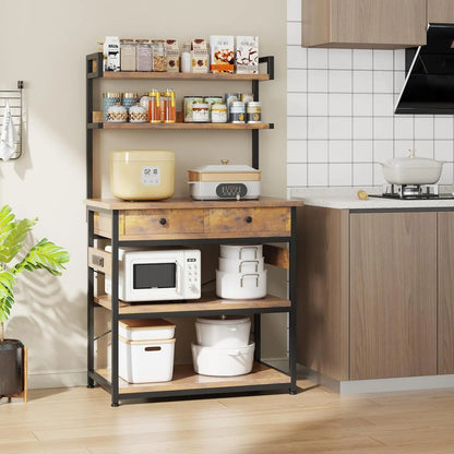 Bakers Rack with Power Outlets, 5-Tier Microwave Oven Stand with 2 Drawers,Coffee Bar Table with Storage
