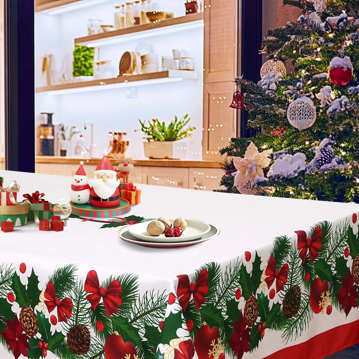 Christmas Tablecloth, Washable Table Cover, Festive Tablecloth for Dining Room, Party and Holiday Table Decorations