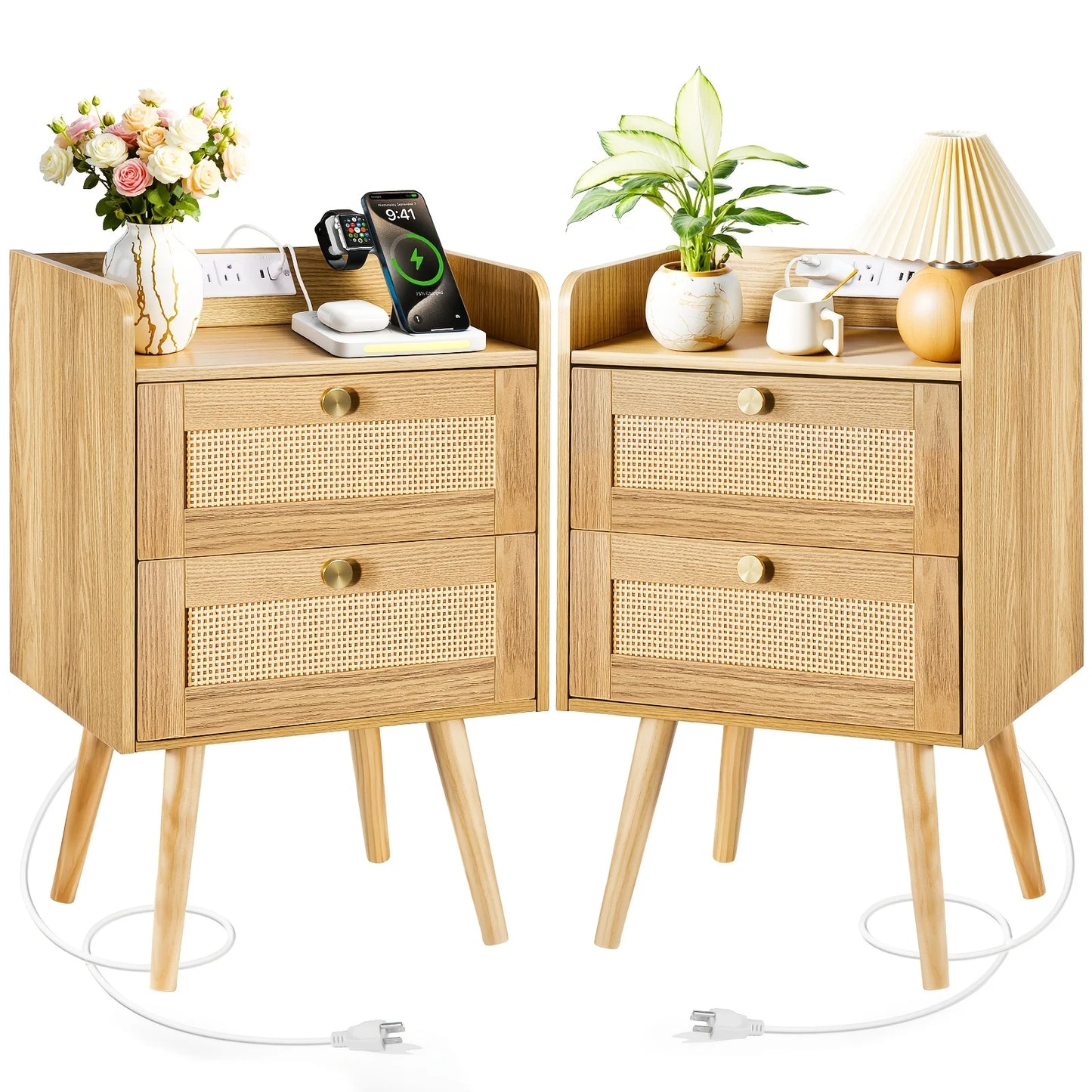 Set of 2 Nightstands with Charging Station, Modern Rattan, Solid Wood Legs