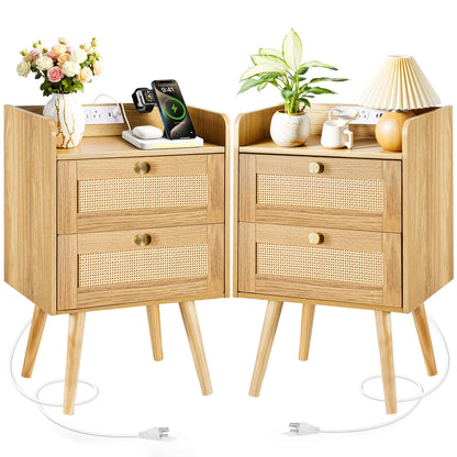 Set of 2 Nightstands with Charging Station, Modern Rattan, Solid Wood Legs