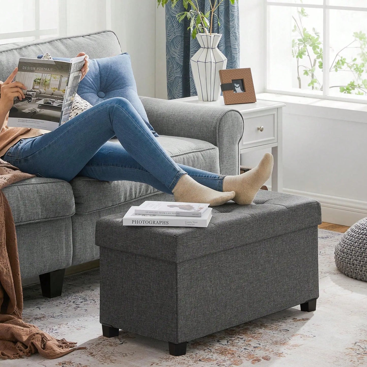 Storage Ottoman Bench, Foldable Foot Rest With Legs, 15 X 30 X 15.2 Inches