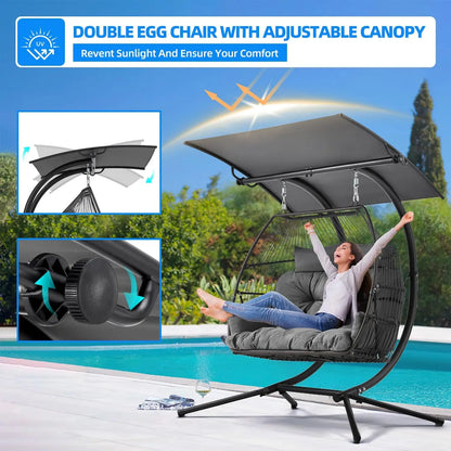 Oversized Double Hanging Swing Chair with Removable & Adjustable Canopy, Double Egg Chair