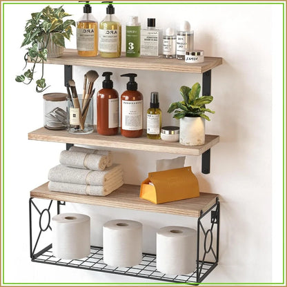 Bathroom Shelves Over Toilet with Storage Basket, Natural Wood