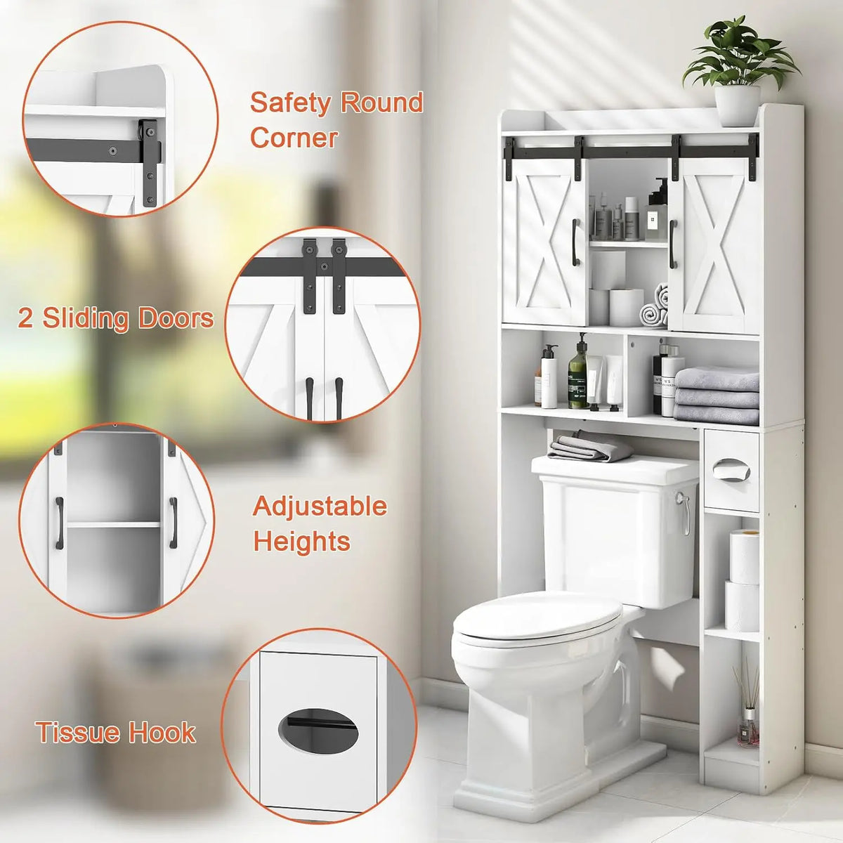 Over The Toilet Storage Cabinet with Sliding Doors, White | Farmhouse Storage Cabinet Over Toilet, Home Space-Saving Toilet Rack, Toilet Paper Holder Stand