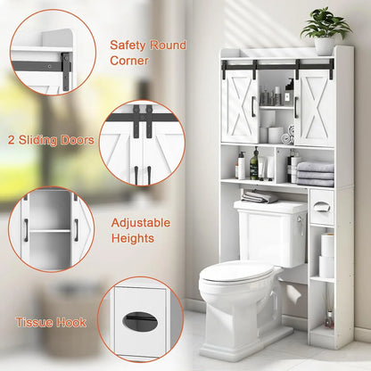 Over The Toilet Storage Cabinet with Sliding Doors, White | Farmhouse Storage Cabinet Over Toilet, Home Space-Saving Toilet Rack, Toilet Paper Holder Stand