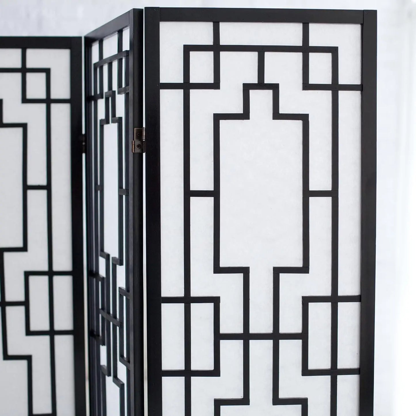 3 Panel Room Divider, Black, Solid Pine Wood, Geometric Lattice Design