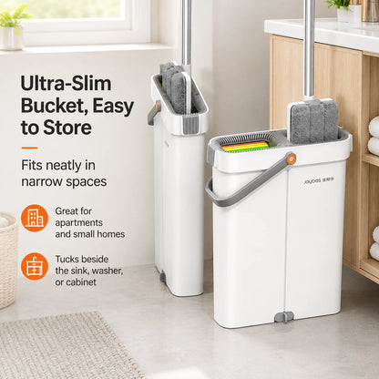 Ultra-Slim Flat Mop and Bucket System, Hands-Free Wash & Dry Set with 2 Microfiber Pads, 360° Swivel Mop with Squeegee Edge for Hardwood Tile Laminate