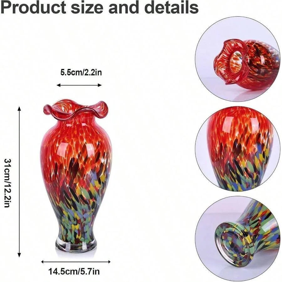 12.2H Murano Hand Blown Glass Vase, Ruffled Scalloped Rim