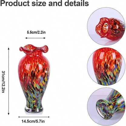 12.2H Murano Hand Blown Glass Vase, Ruffled Scalloped Rim