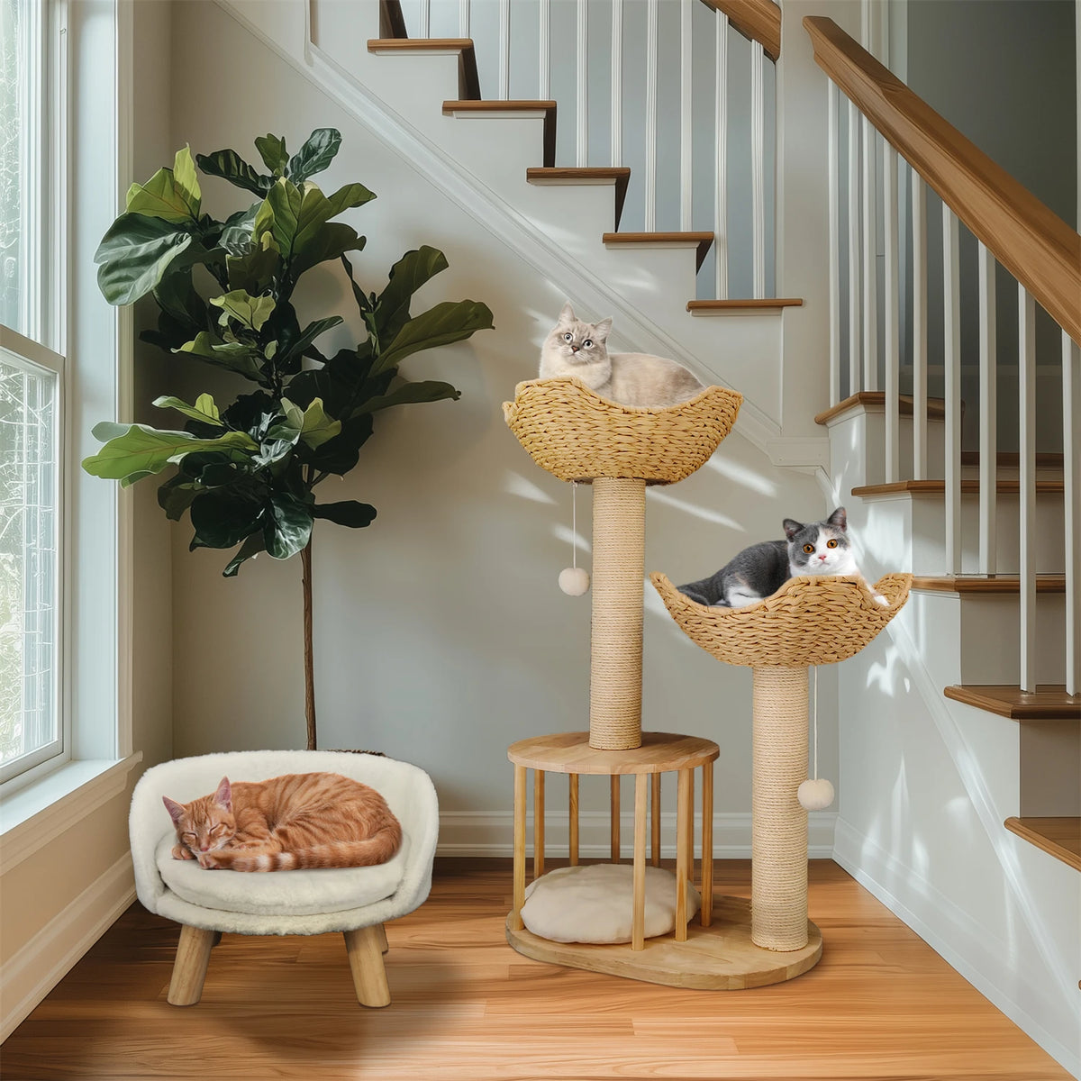 3 Tier Cat Tree Activity Tower with Plush Cushion and Dangling Ball, Sisal Scratching Post for Indoor Cats