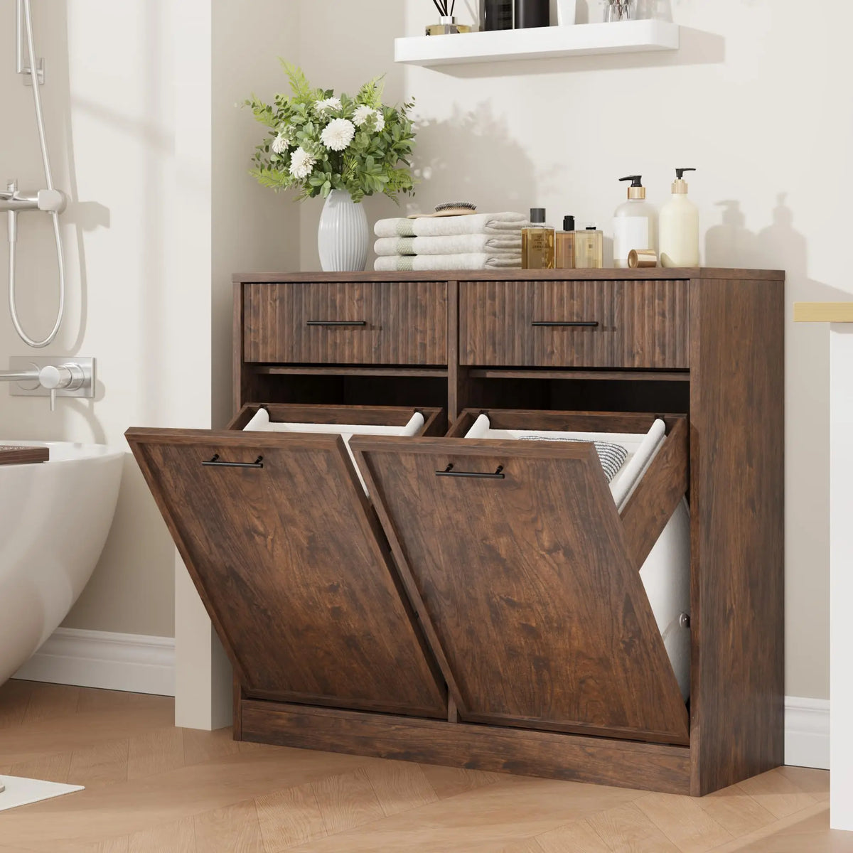 Tilt Out Laundry Hamper Cabinet With Drawer And Baskets, Wooden Laundry Basket For Bathroom ojr Bedroom