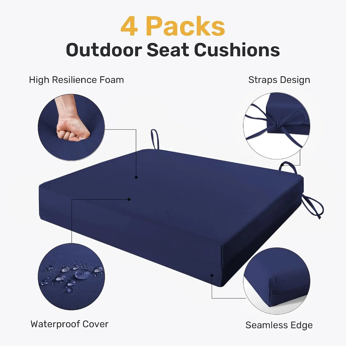 Outdoor Chair Cushions, Pack of 4, Water Resistant with Ties