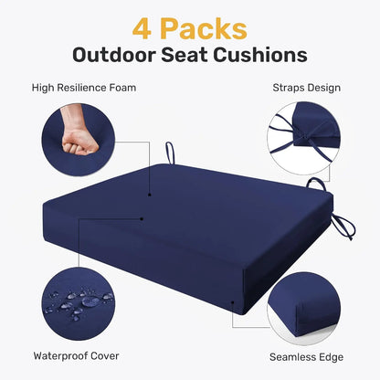 Outdoor Chair Cushions, Pack of 4, Water Resistant with Ties