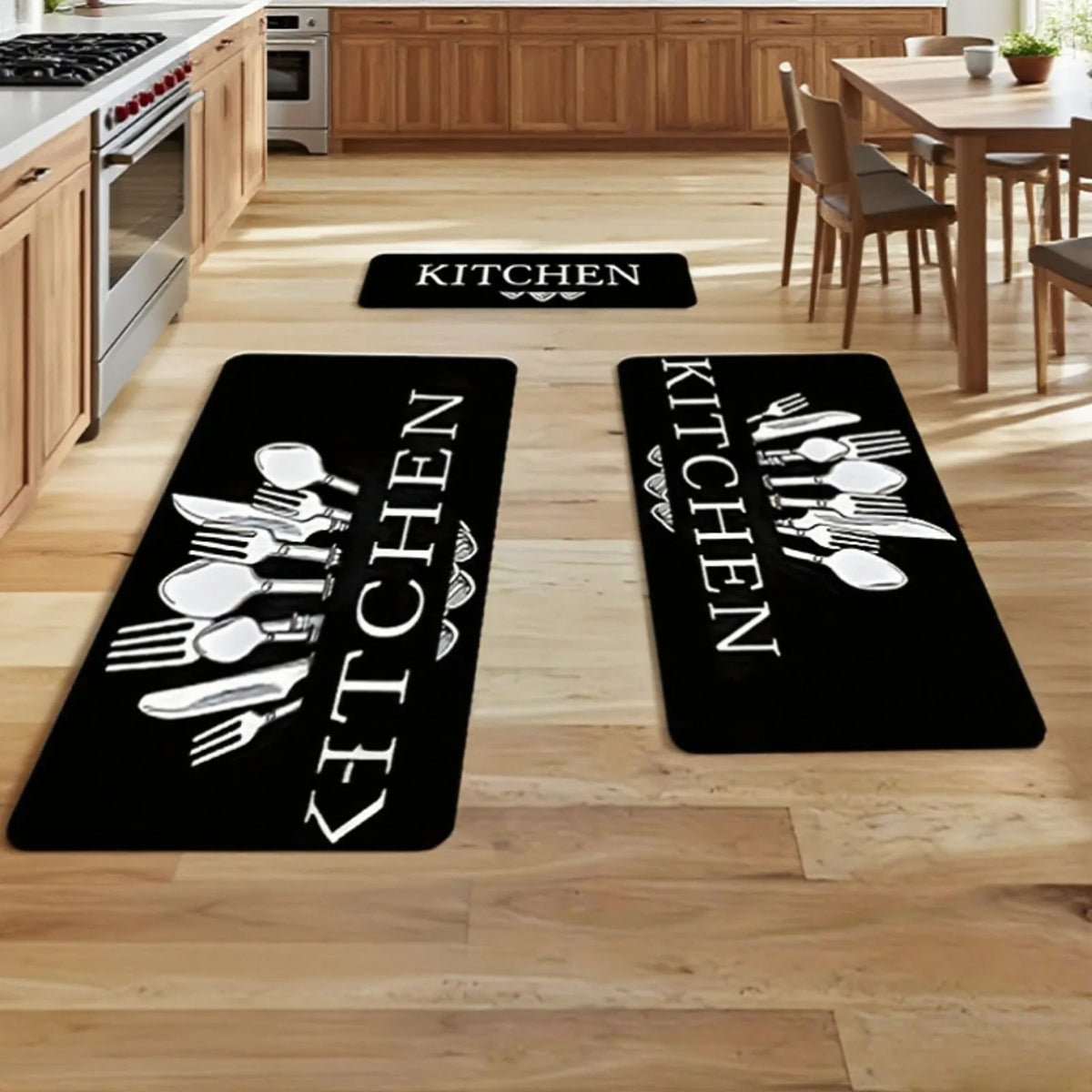Long, non-slip, printed plush mat—suitable for kitchens, dining areas