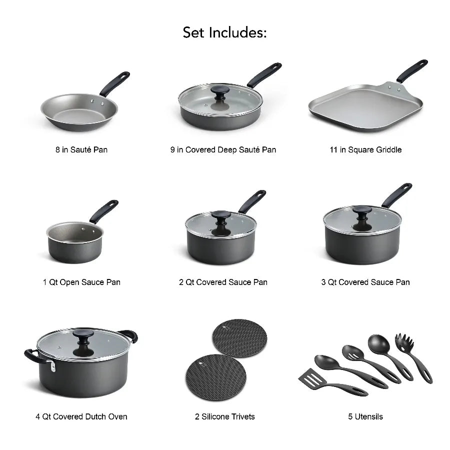 18-Piece Nonstick Cookware Set, Asphalt