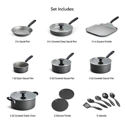18-Piece Nonstick Cookware Set, Asphalt