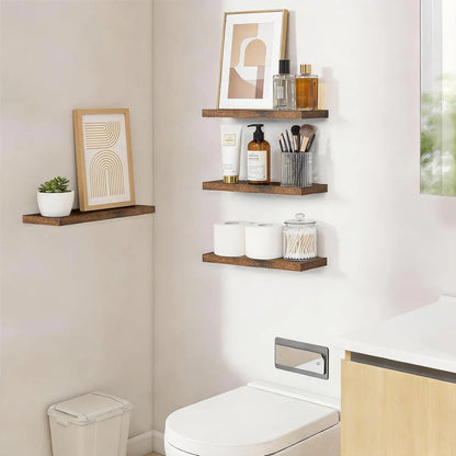 Set of 3 Rustic Brown Floating Shelves for Wall - Farmhouse Wood Storage