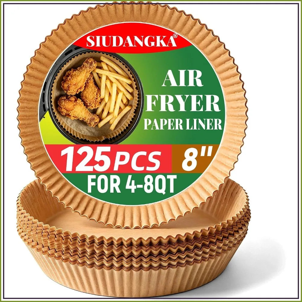 125 Pcs Disposable Air Fryer Liners, Unbleached Paper for 4-8QT Baskets, BPA-Free, Heat Resistant to 450°F