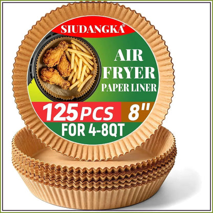 125 Pcs Disposable Air Fryer Liners, Unbleached Paper for 4-8QT Baskets, BPA-Free, Heat Resistant to 450°F