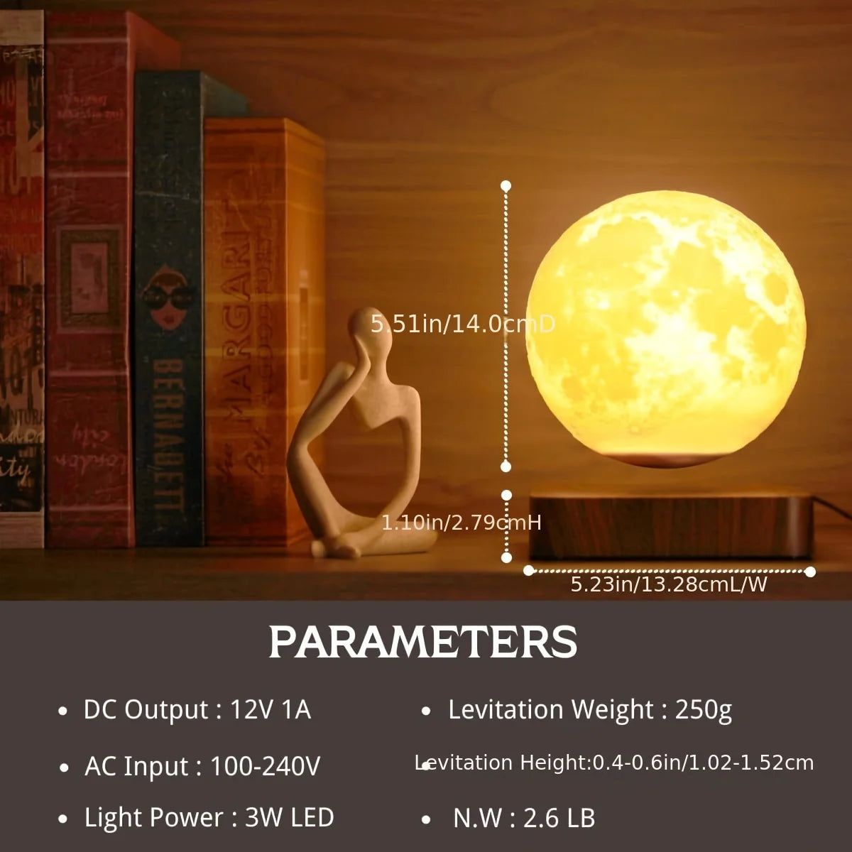 Magnetic Floating Rotating Moon Lamp with Wooden Base, 3 Color Temperature LED Night Lights